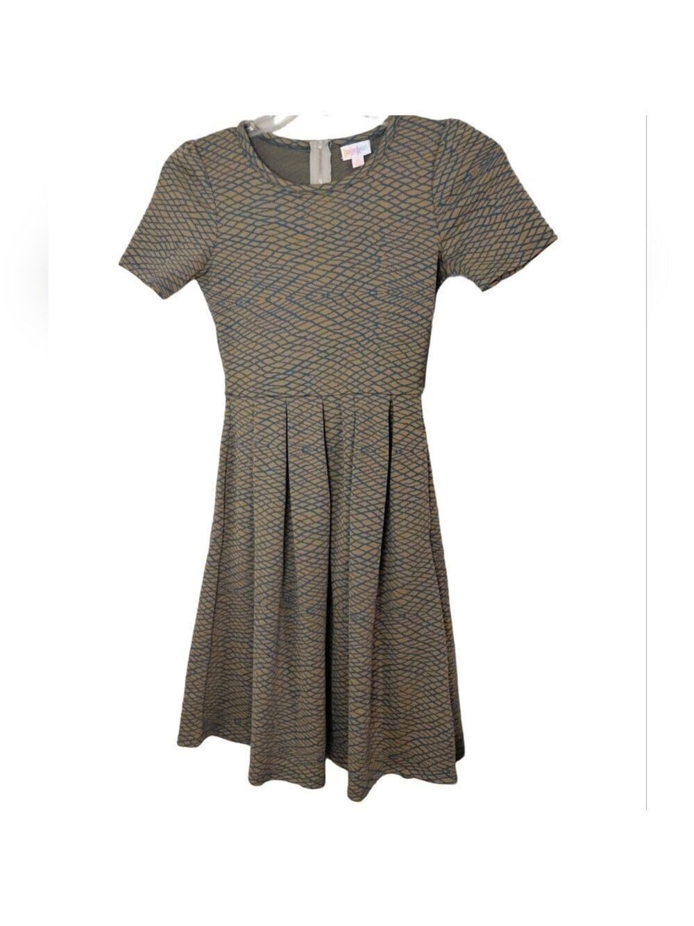 NWT Lularoe Amelia Fit Pleated Dress Blue & Tan Geometric Zip Back Size XS - Picture 2 of 5